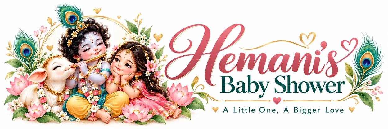 Hemani’s Baby Shower — child Radha and Krishna with a calf, peacock feathers and flowers