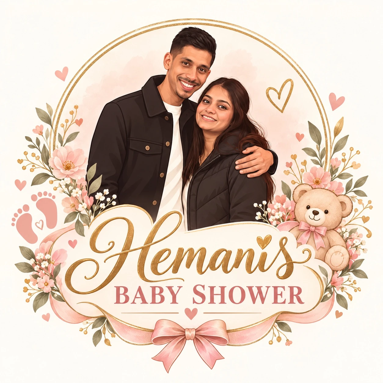 Illustrated portrait logo for Hemani's baby shower, with Hemani and Sagar, pastel flowers, a teddy bear and gold lettering